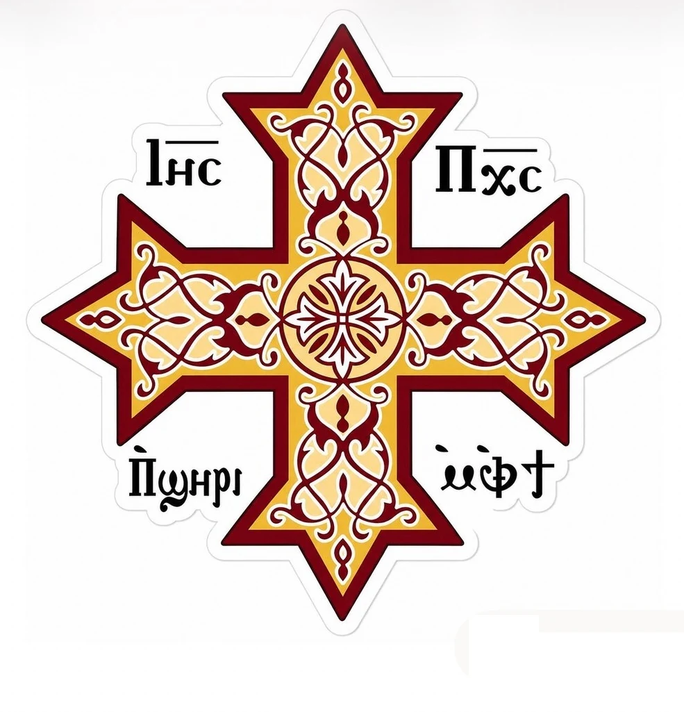 Ornate Coptic cross vinyl sticker design in gold and burgundy