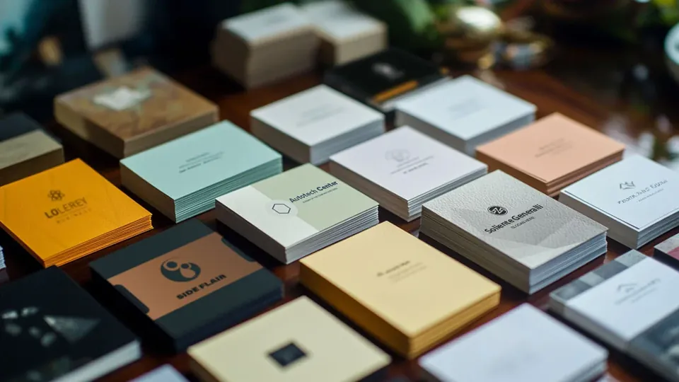 Stacks of printed business cards with logos and company names laid out on a table