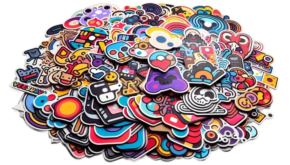 A pile of colorful custom die-cut stickers