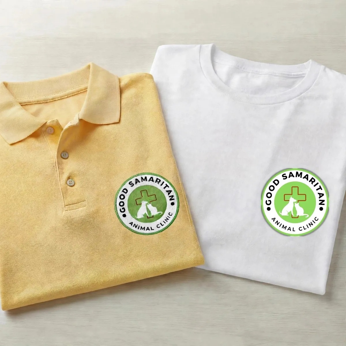 Yellow polo and white cotton T-shirt with custom printed business logos